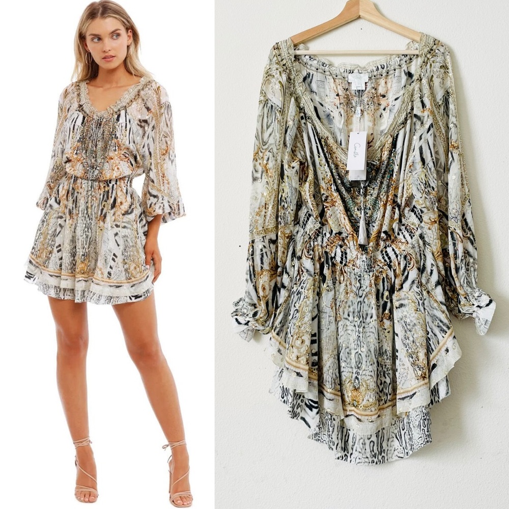 NWT Camilla MEDIUM 100% silk Gates of Glory Tiered Mini Dress